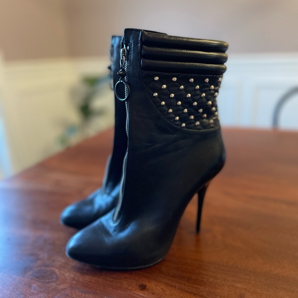 Giuseppe Zanotti Black Leather Studded Zipper Mid Calf Boots Size 37.5 US 6.5